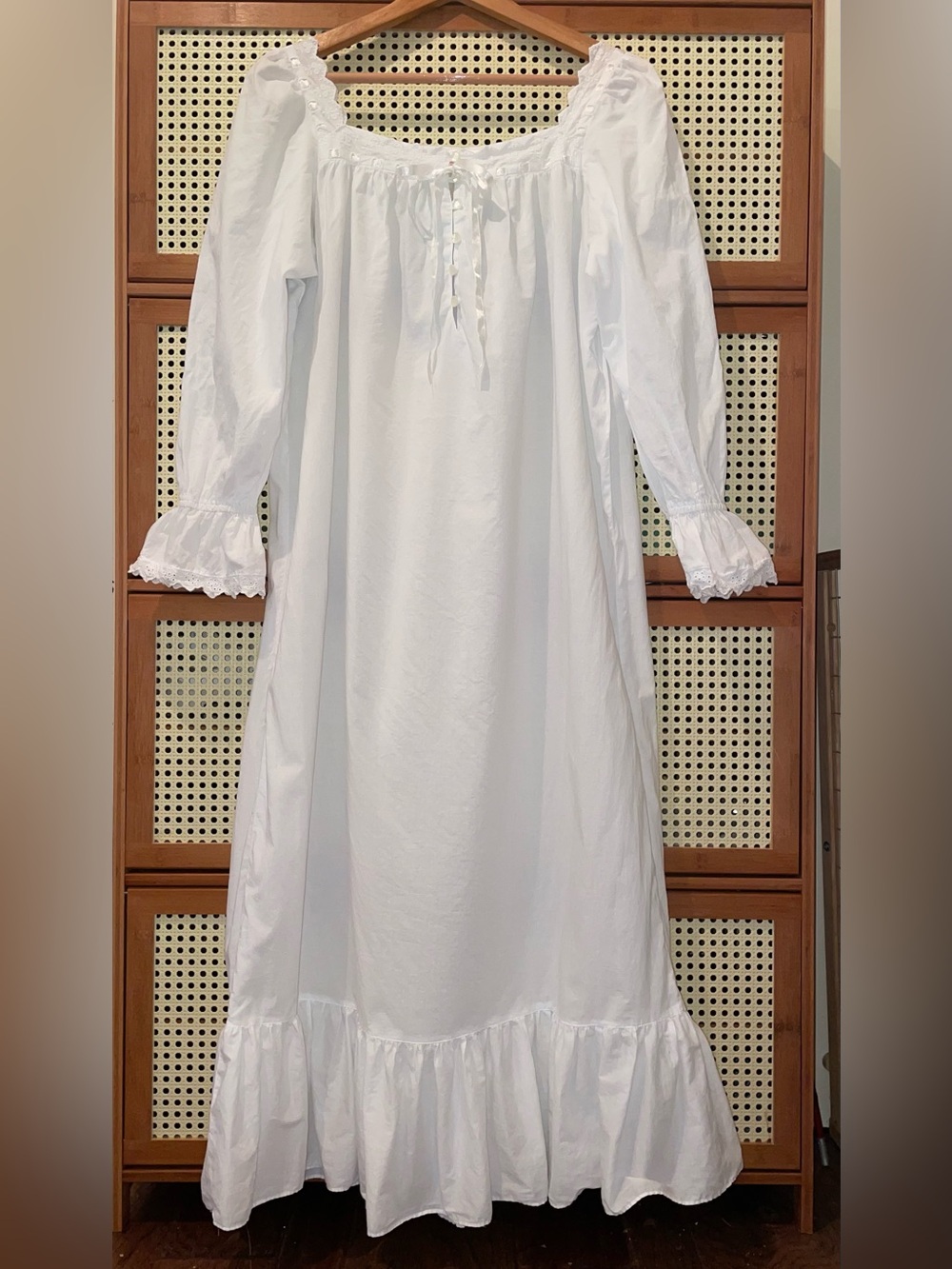 Victoria's Secret White Long Sleeve Cotton Nightgown with Ruffle Cuffs and Hem S